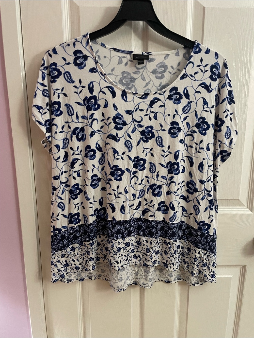 J. Jill White Top with Blue Floral Border